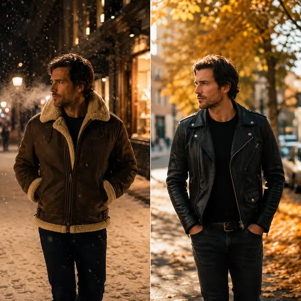 Lifestyle comparison showing shearling and leather jackets in different weather
