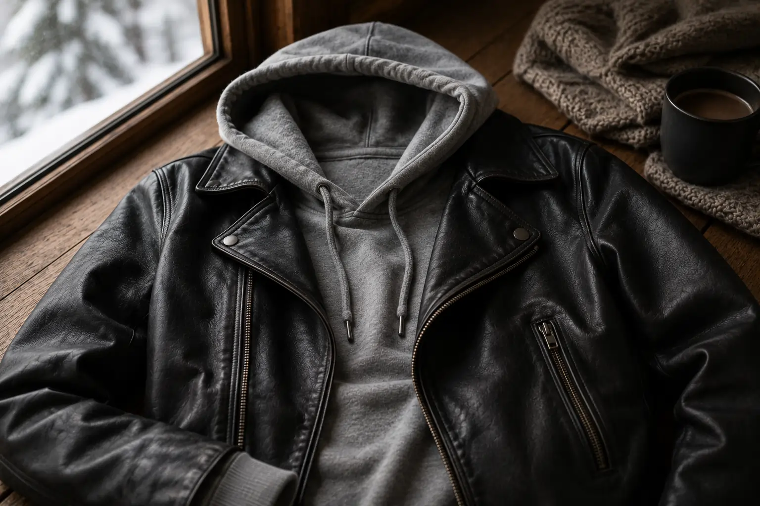 Hoodie worn underneath a leather jacket