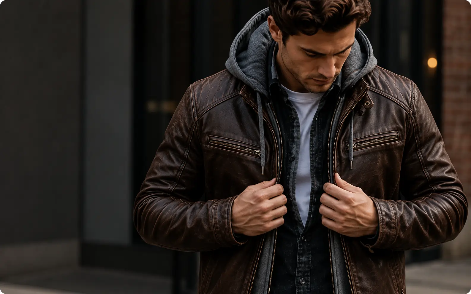 Oversized distressed leather jacket styled for winter layering