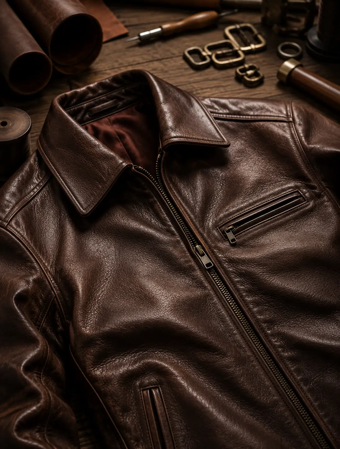 Artisan hand stitching leather in the Clavon Studio workshop