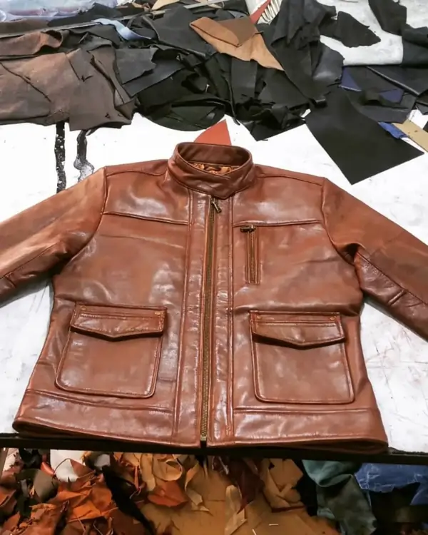 Finished leather jacket in workshop