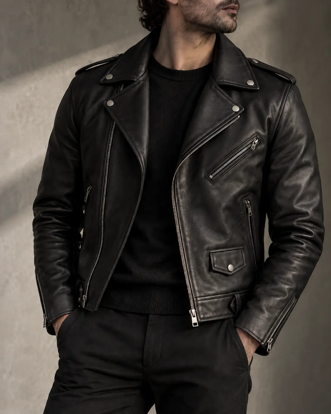 Black leather biker jacket, made to measure