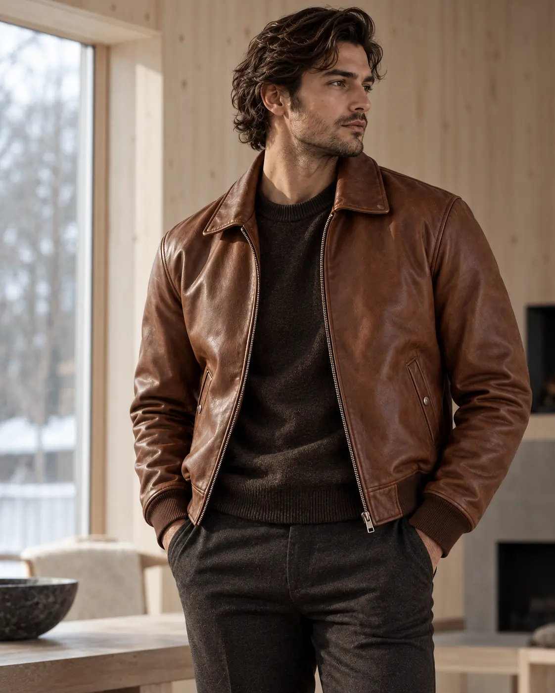 Brown leather bomber jacket made to order