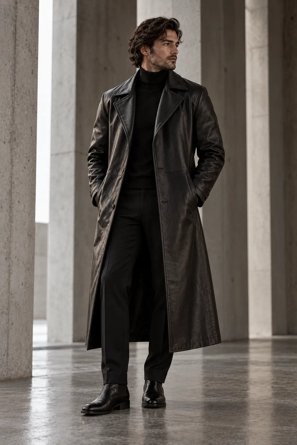 Long black leather coat for women and men