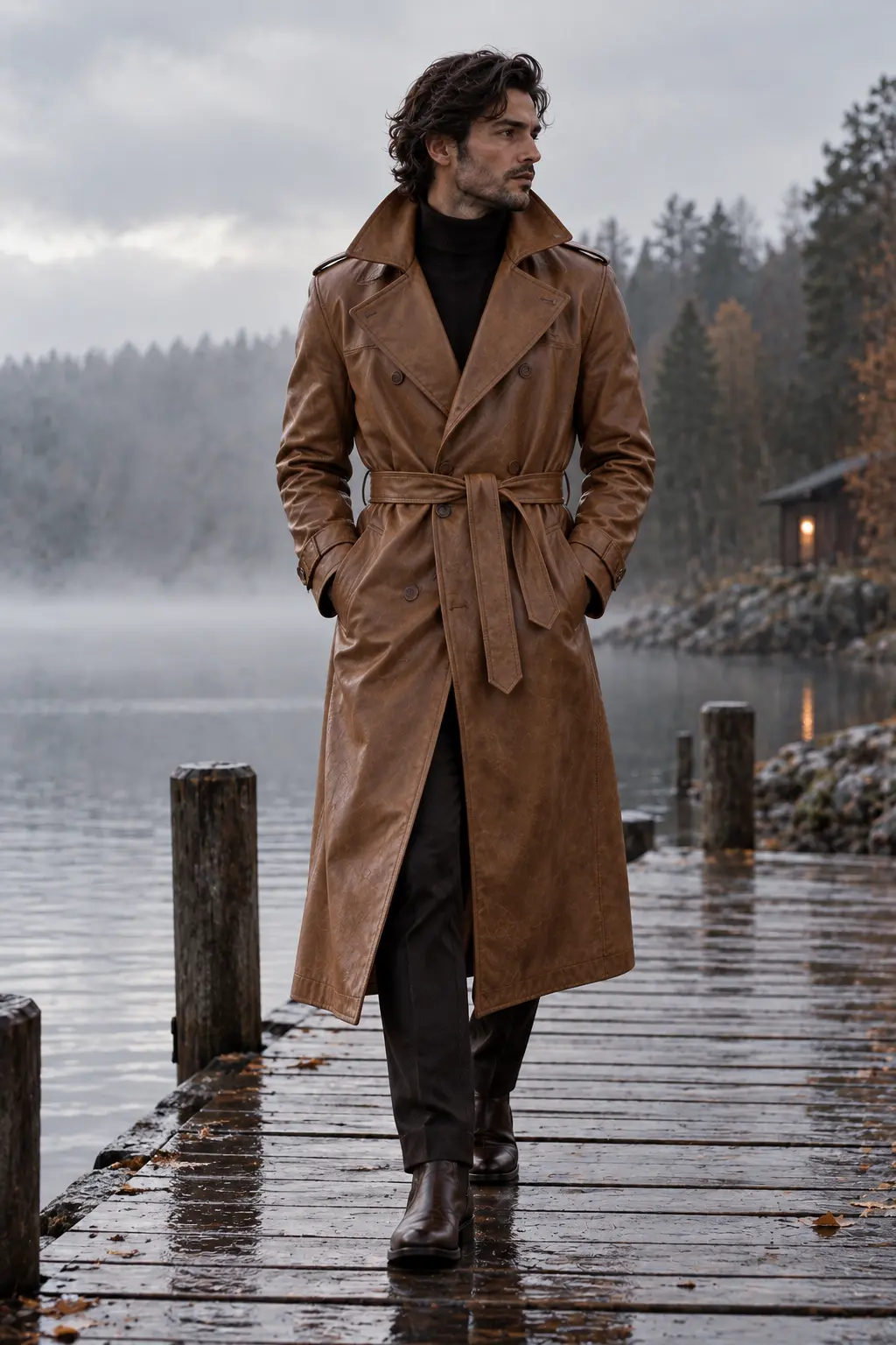 Tan leather trench coat with belt