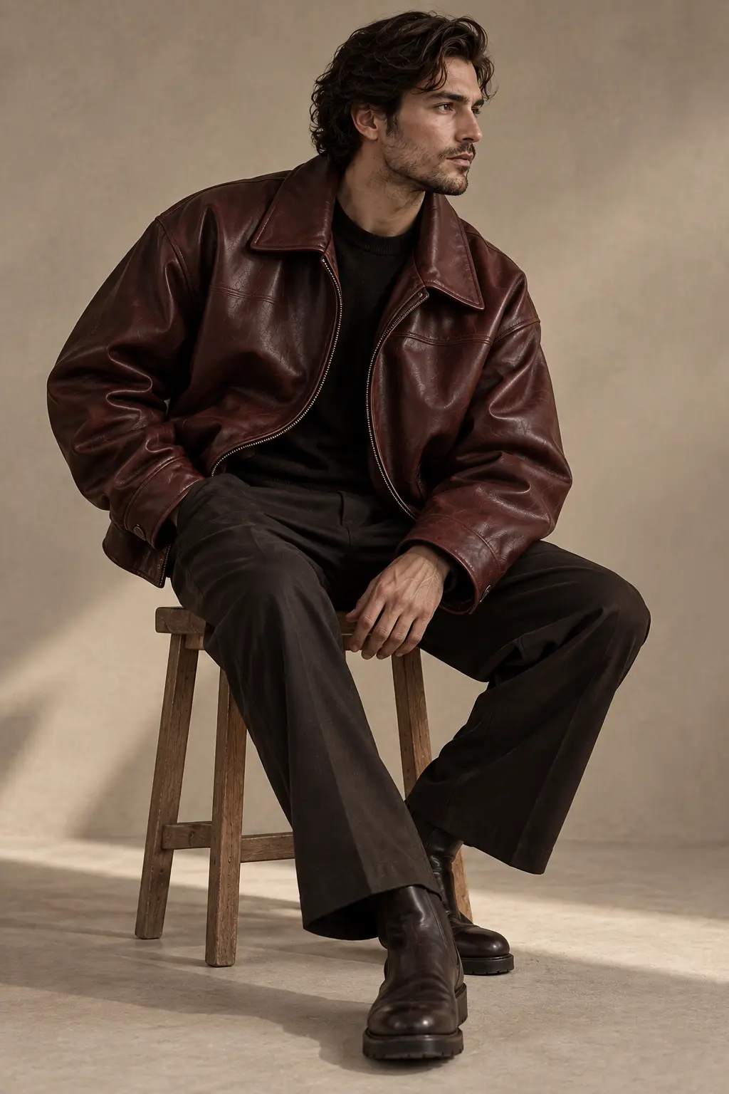 Oversized vintage-inspired leather jacket in cognac