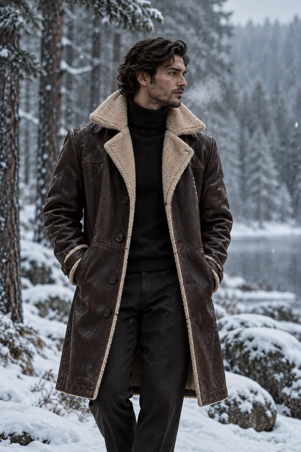 Leather winter coat with shearling collar in a snowy forest