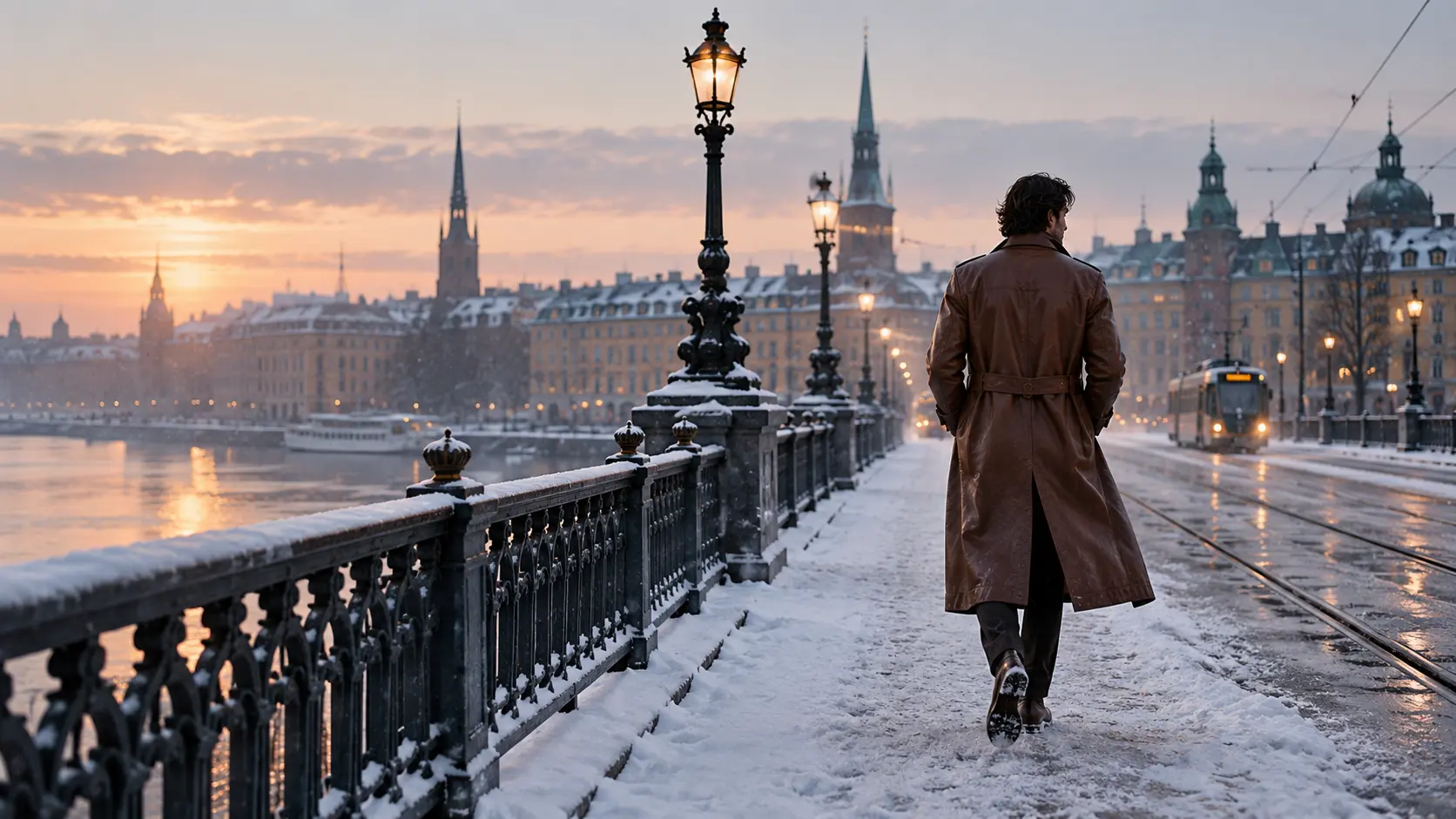 Long brown leather coat on a Stockholm bridge in winter