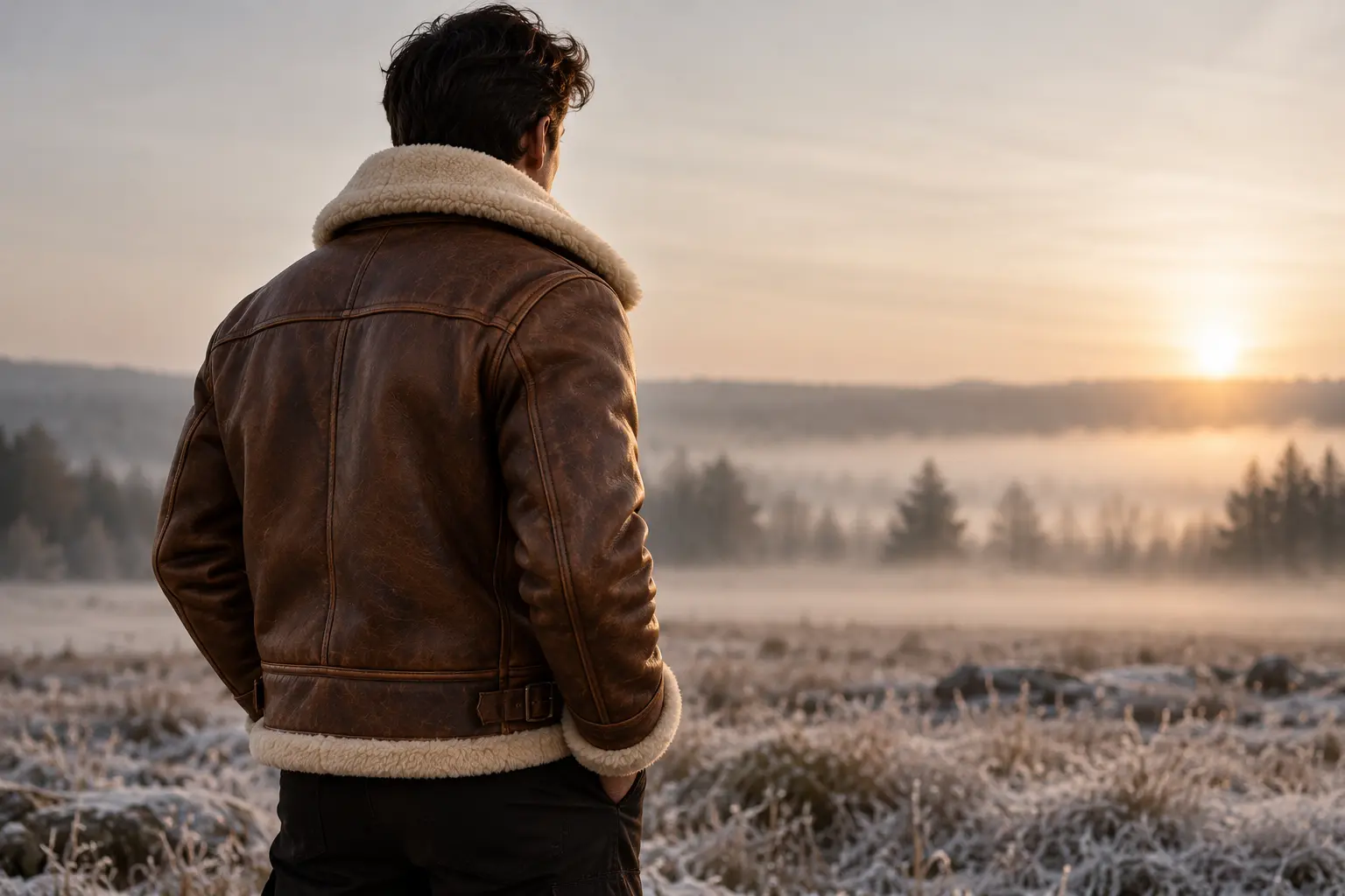 Men's leather aviator jacket with shearling collar